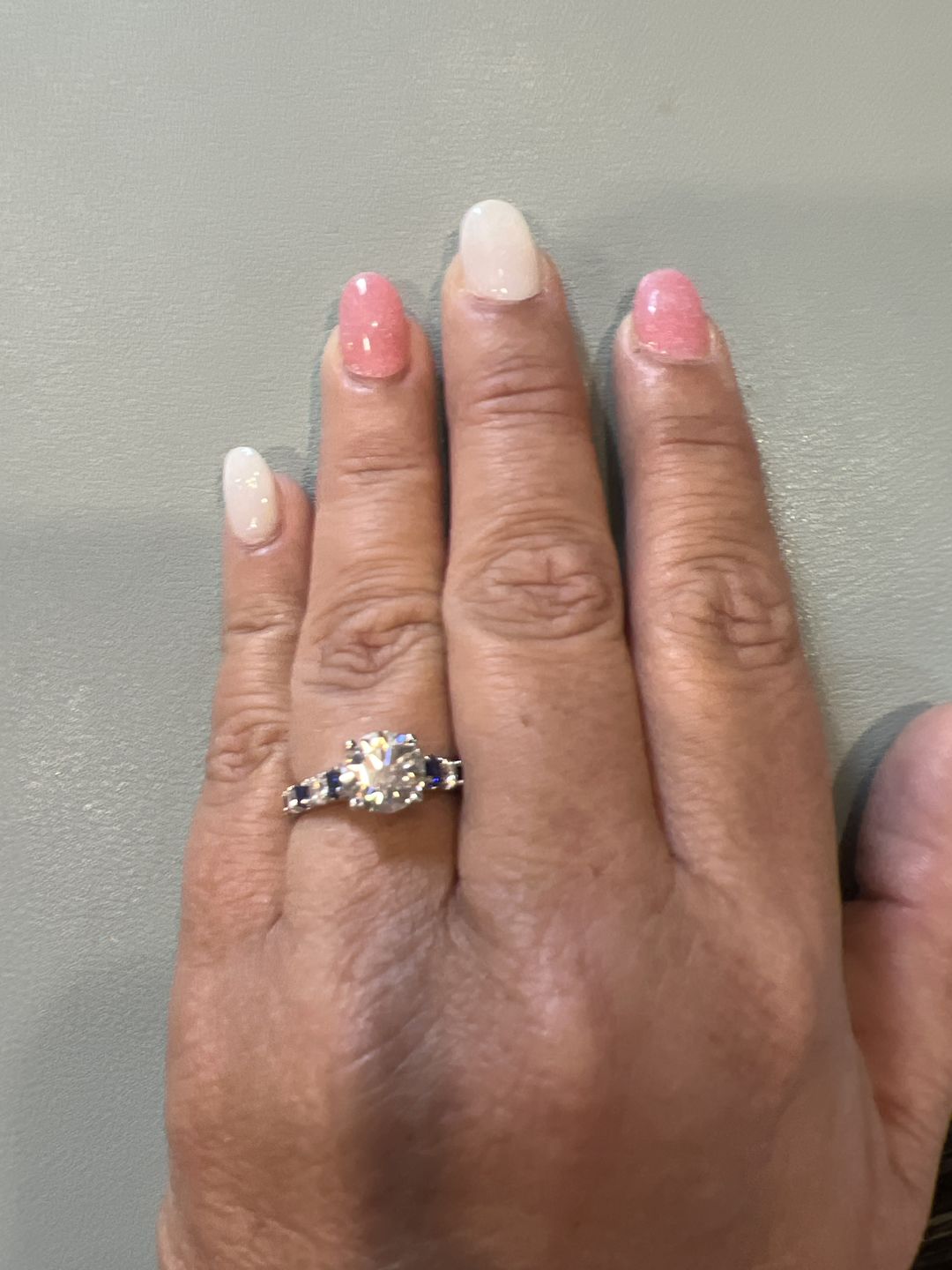 Customer photo review of Round Moissanite With Sapphire Pave Engagement Ring