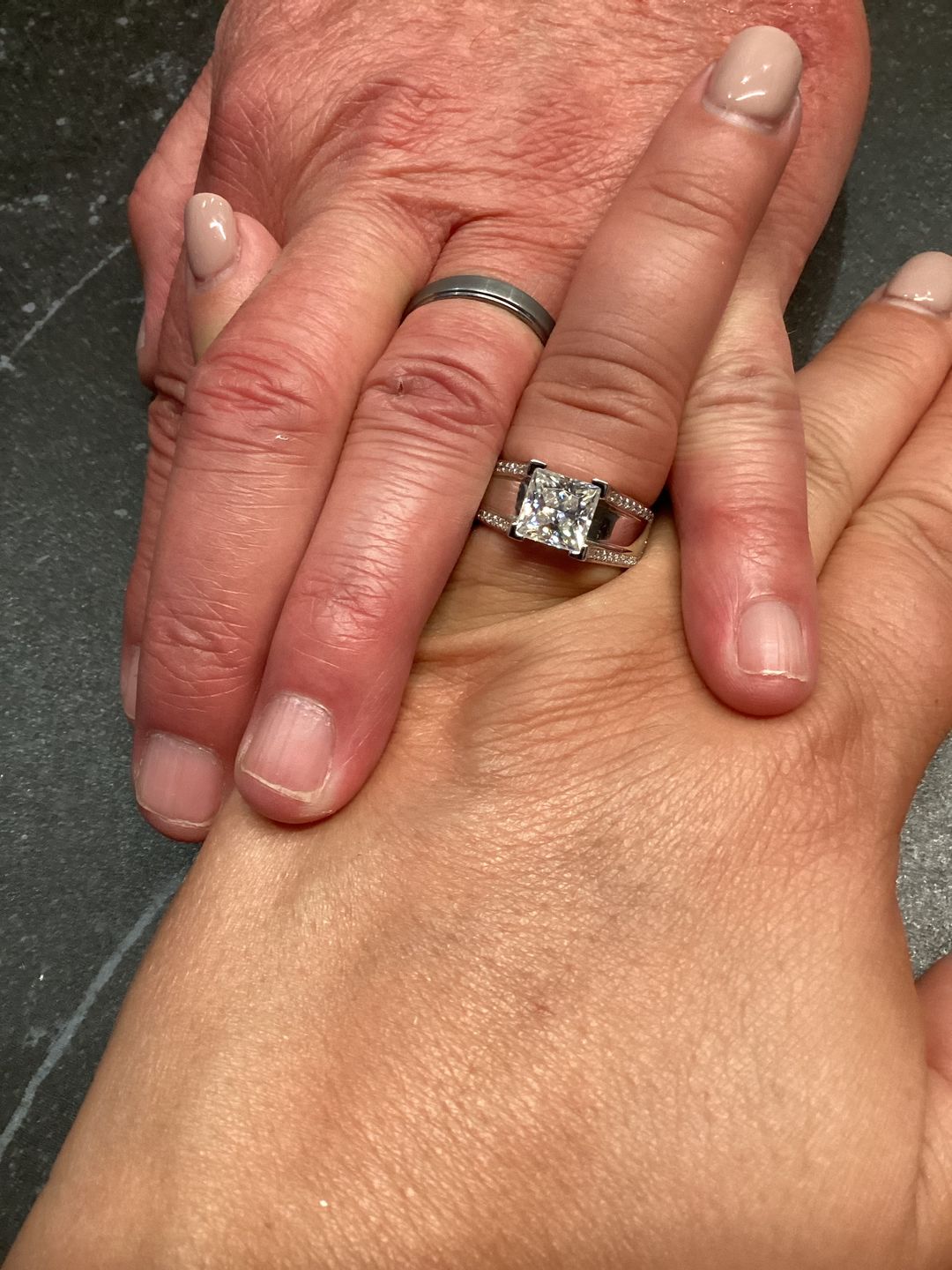 Customer photo review of Princess Cut Moissanite Triple Row Pave Engagement Ring