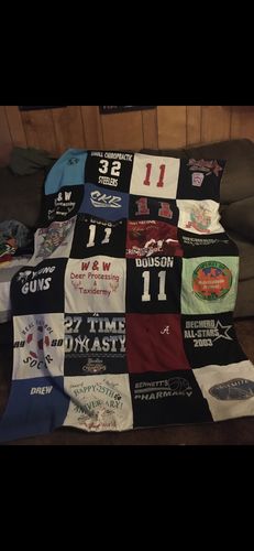 T-shirt quilt with hunting, sports themes by Christy from TN