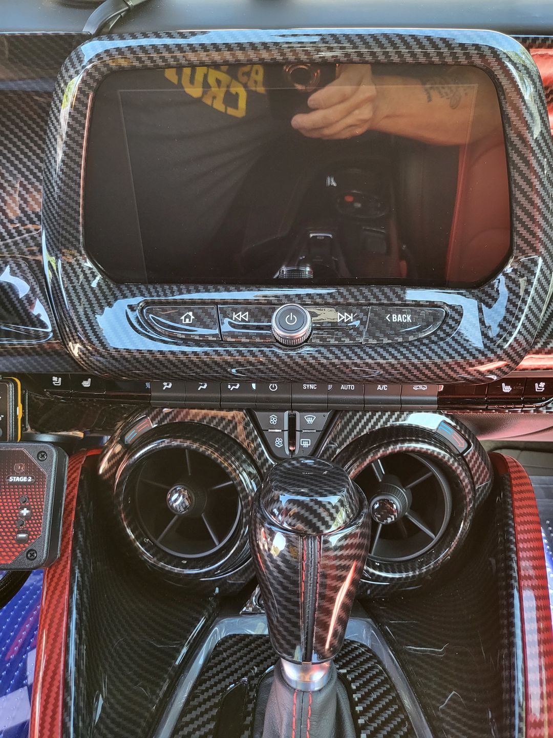 Customer photo review of 2016-2023 Chevy Camaro Real Carbon Fiber Interior Hazard Button Cover