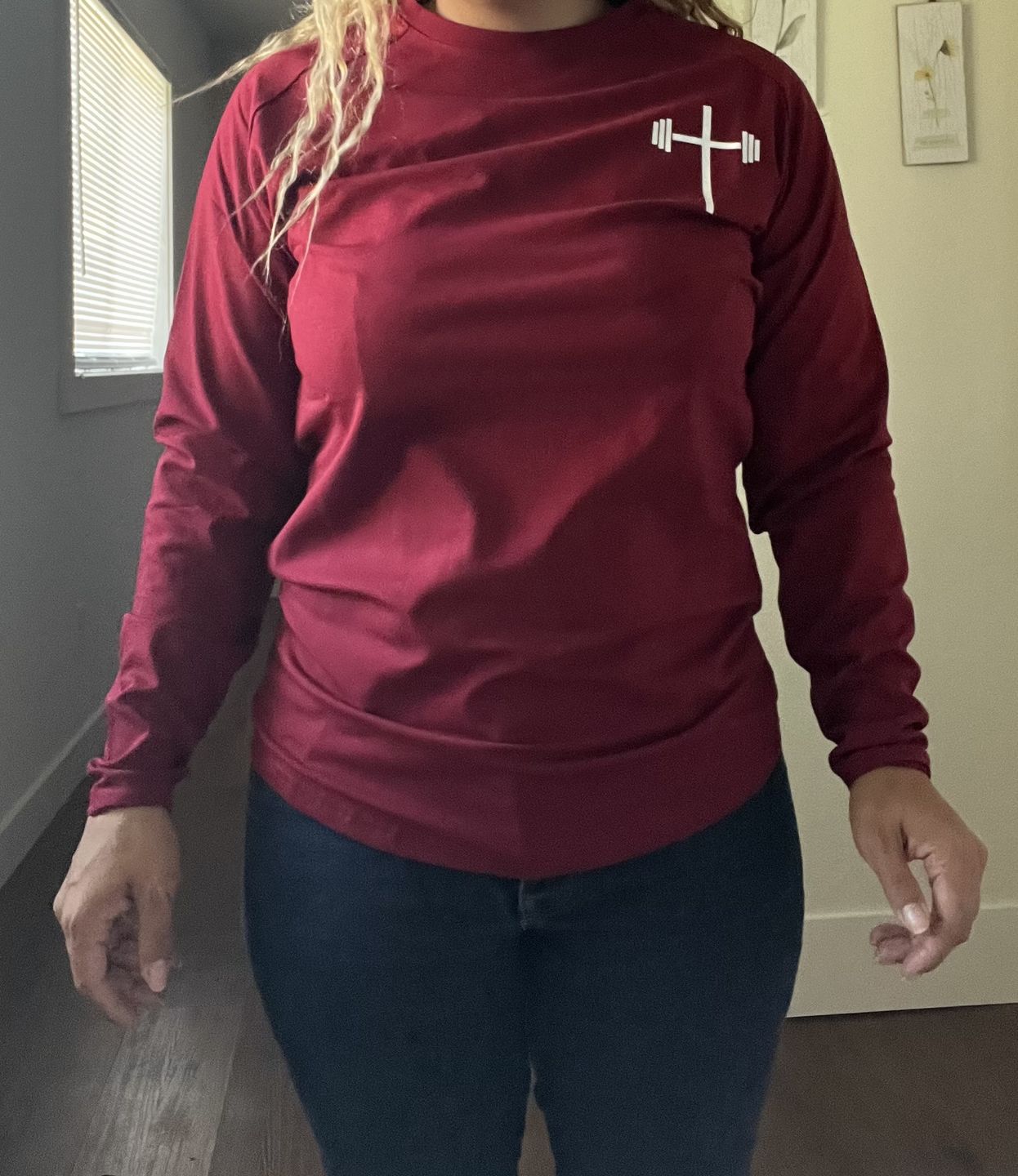Customer photo review of Long Sleeve Performance Tee - Maroon