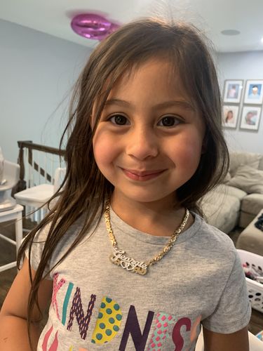 Customer photo review of The Double Plated Infinite Love Name Necklace with Hugs and Kisses Chain