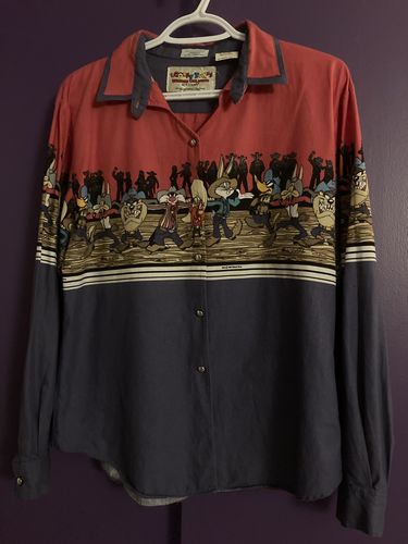 Customer photo review of Vintage Looney Tunes Shirt Fits Mens Small Blue Cartoon Western Button Up