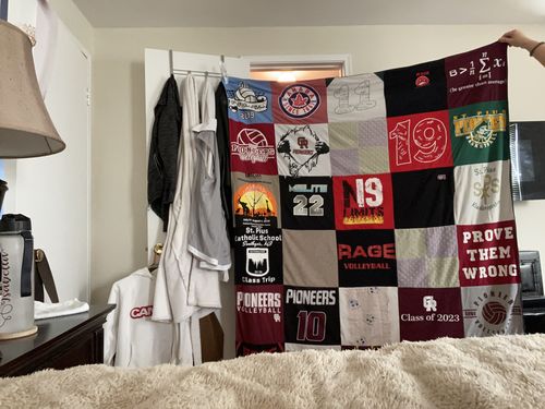 T-shirt quilt featuring pioneers volleyball by Jen from MI