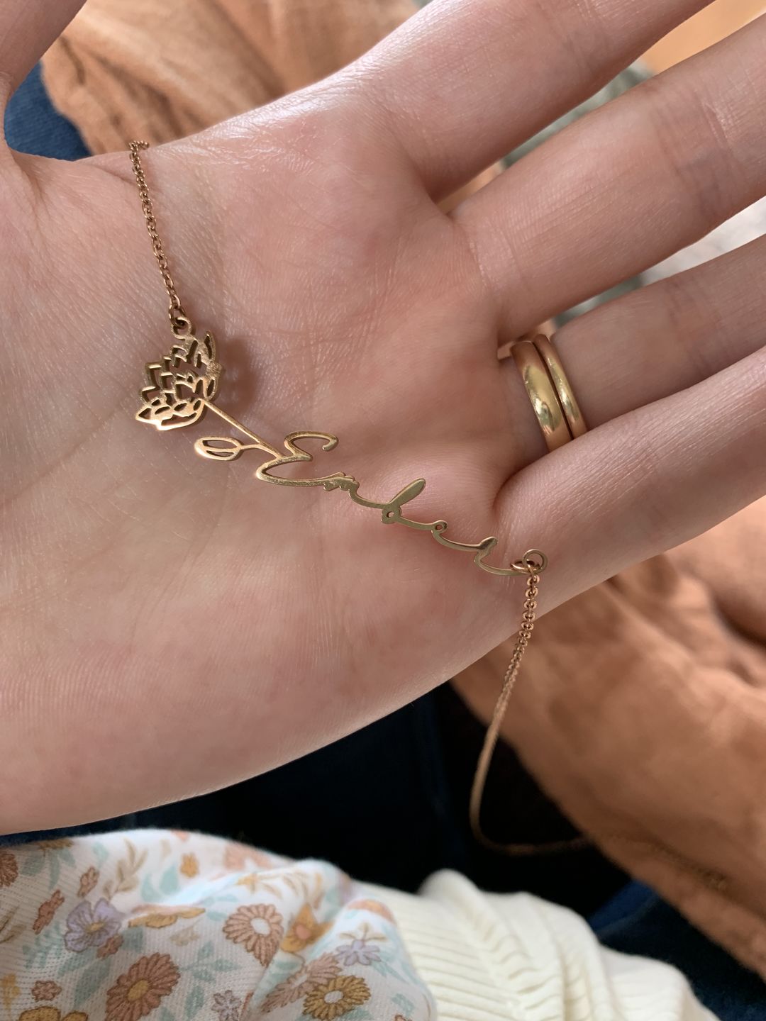 Customer photo review of Horizontal Birth Flower Name Necklace