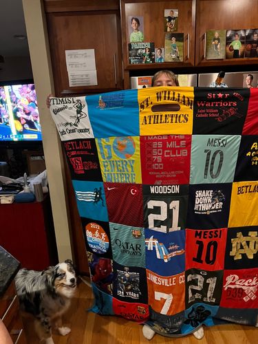 T-shirt quilt featuring packers, warriors by Mary Ann from WI