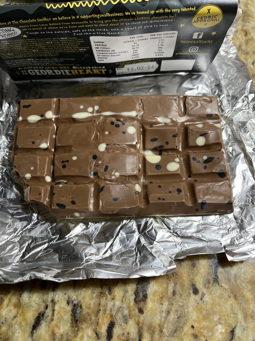 Customer photo review of The Geordie Bar (Milk & White Chocolate with Caramel) 130g