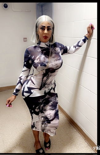 Customer photo review of Abstract print sheer mesh see through high neck long sleeve maxi dress