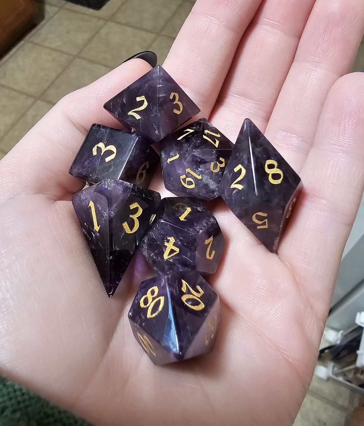 Customer photo review of Gemstone Amethyst Elven Cut Polyhedral Dice (With Box) DnD Set - RPG Game DND MTG Game