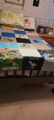 T-shirt quilt with dinosaurs, cartoons themes by Susan from MD