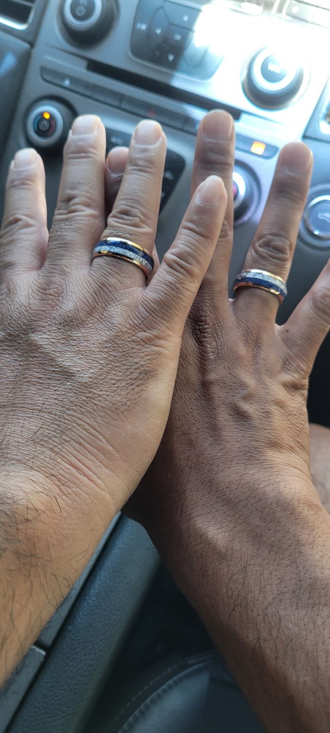 Customer photo review of 8mm- ROSE GOLD TUNGSTEN ARROW RING W/ BLUE LAPIS LAZULI, FAUX METEORITE,