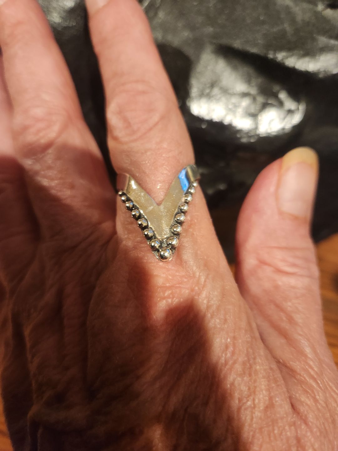Customer photo review of Full Finger Chevron Thumb Ring Sterling Silver