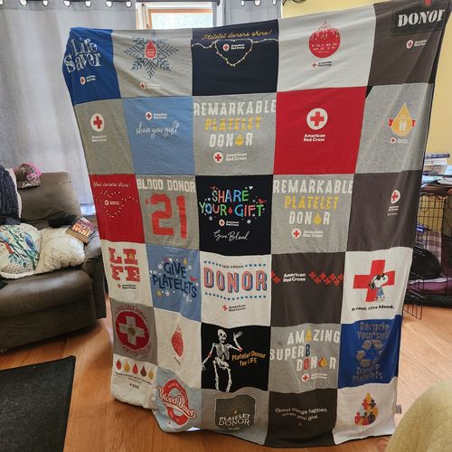 T-shirt quilt with blood donation, platelet donation themes by Linda from CT