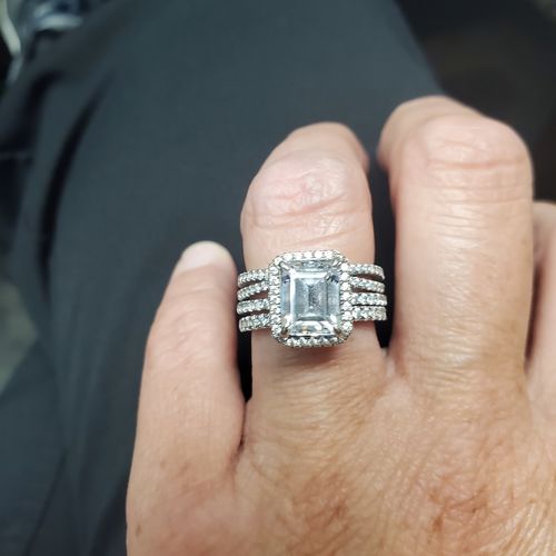 Customer photo review of Louily Halo Emerald Cut Wedding Ring Set In Sterling Silver