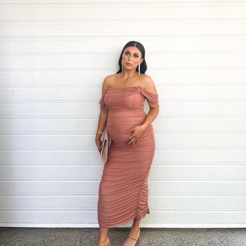 Customer photo review of Like Venus Ruched Mesh Overlay Off Shoulder Maxi Dress