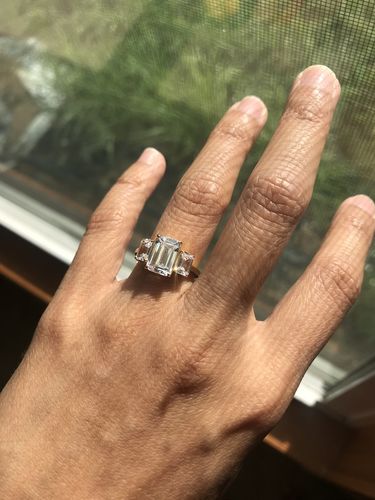 Customer photo review of Louily Stunning Yellow Gold Emerald Cut Three Stone Engagement Ring In Sterling Silver