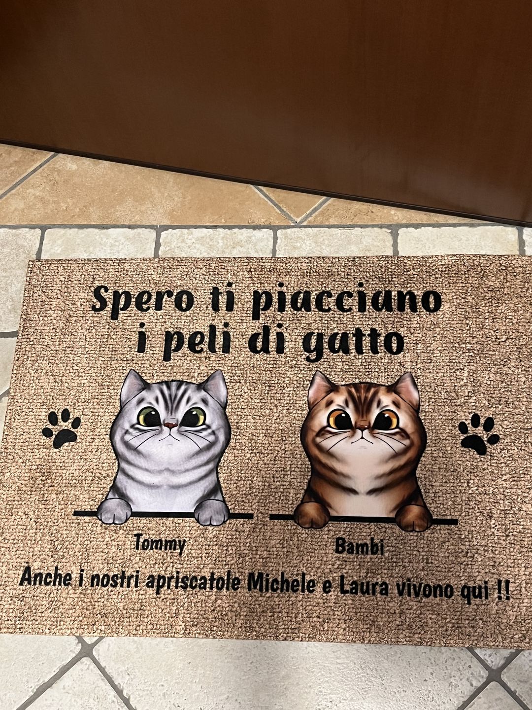 Customer photo review of Benvenuti da gatti curiosi - Zerbino personalizzato
