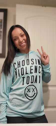 Customer photo review of Salty Savage Unisex “CHOOSING VIOLENCE” Long Sleeve Hooded Performance UPF 50+ Fishing Tee | Basic | Aqua Blue/Black