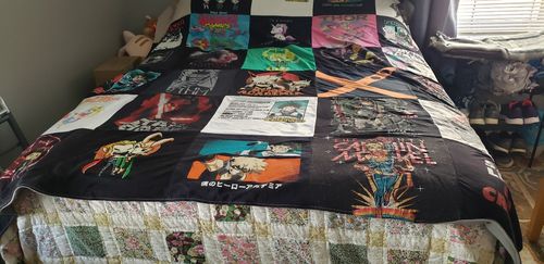 T-shirt quilt with anime, superheroes themes by Candice from OH