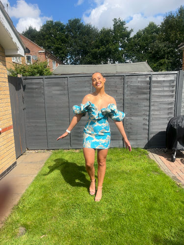 Customer photo review of Jasmin Ruffle Blue & Gold Ruffle Dress (Next Day Delivery Available )