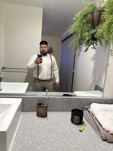 Customer photo review of Tan Vegan Leather Suspenders