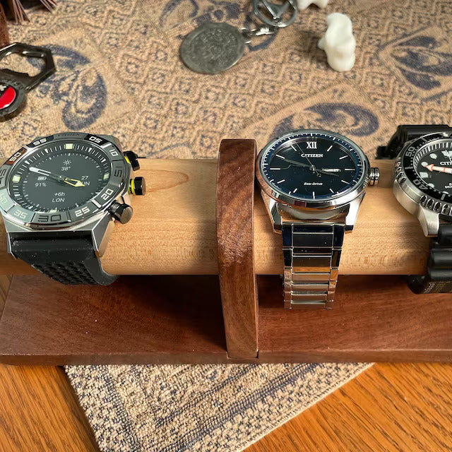 Customer photo review of Four Watch Stand in Walnut & Maple