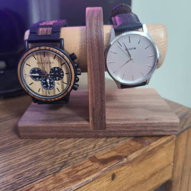 Customer photo review of Two Watch Stand in Walnut & Maple