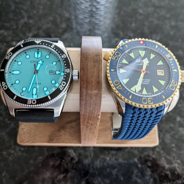 Customer photo review of Two Watch Stand in Walnut & Maple