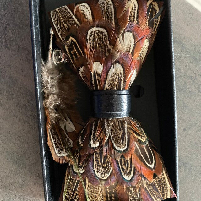 Customer photo review of Brown Pheasant Feather Bow Tie with Lapel Pin