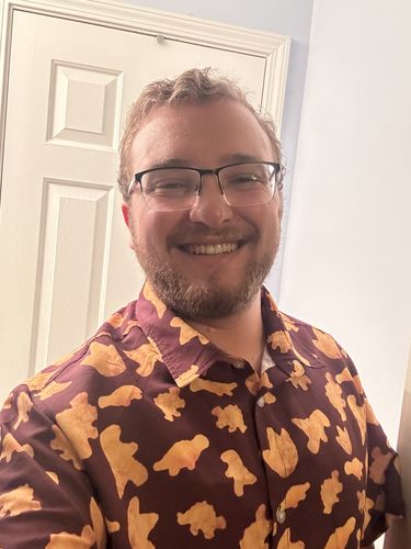 Customer photo review of Dinosaur Chicken Nuggets Red Button Up Shirt