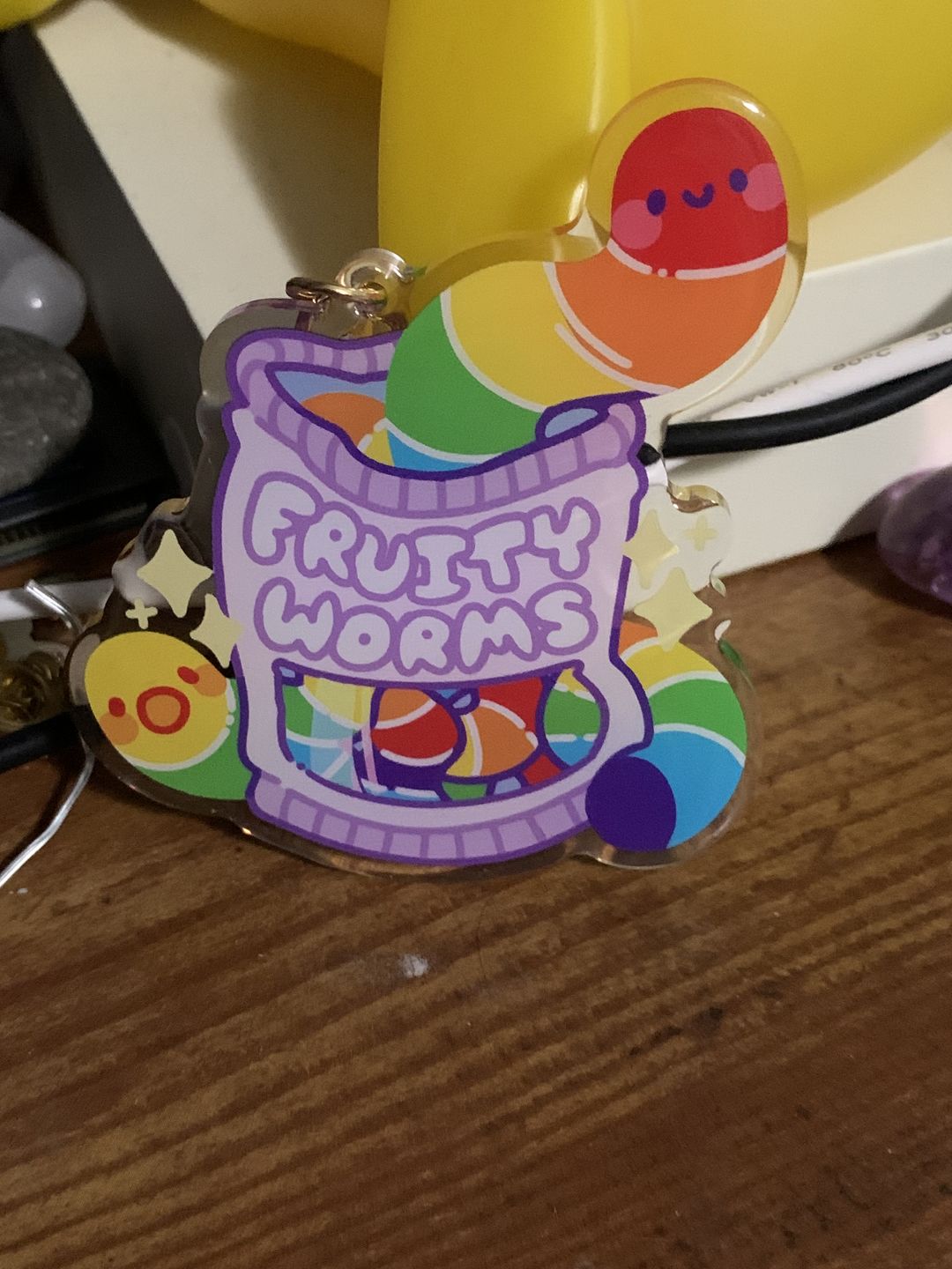 Customer photo review of Pride Fruity Worm Acrylic Keychain