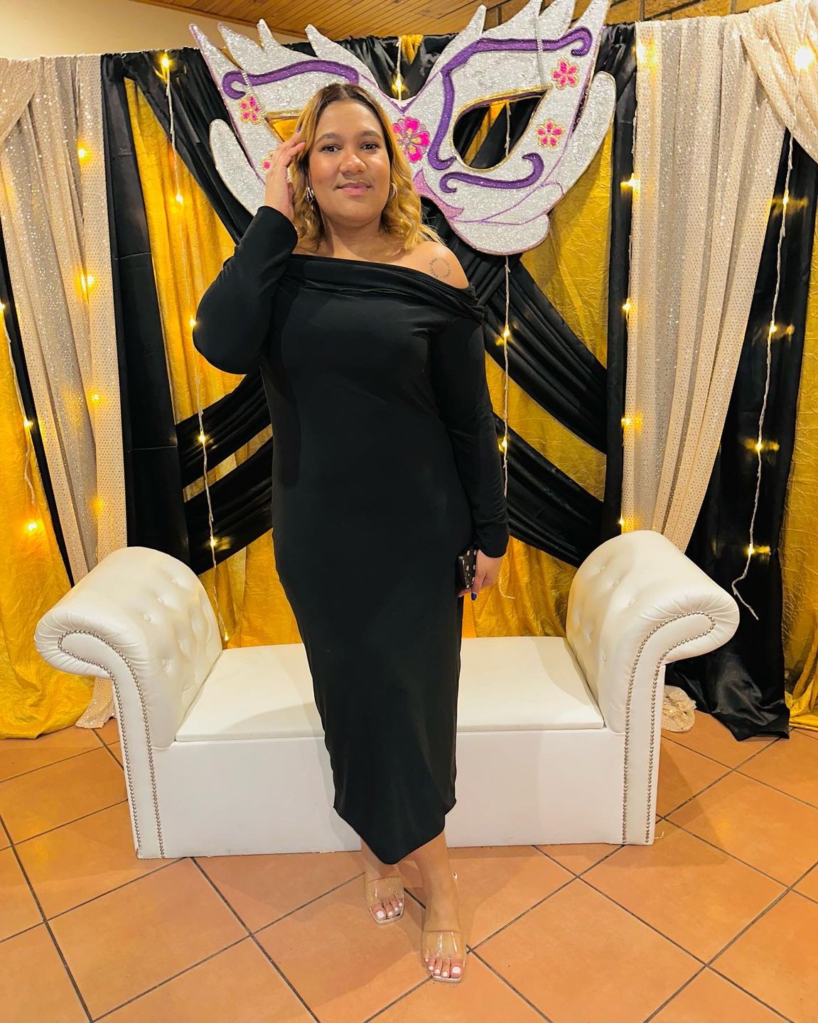 Customer photo review of Black  Bardot Sculpted Dress with Long Sleeves