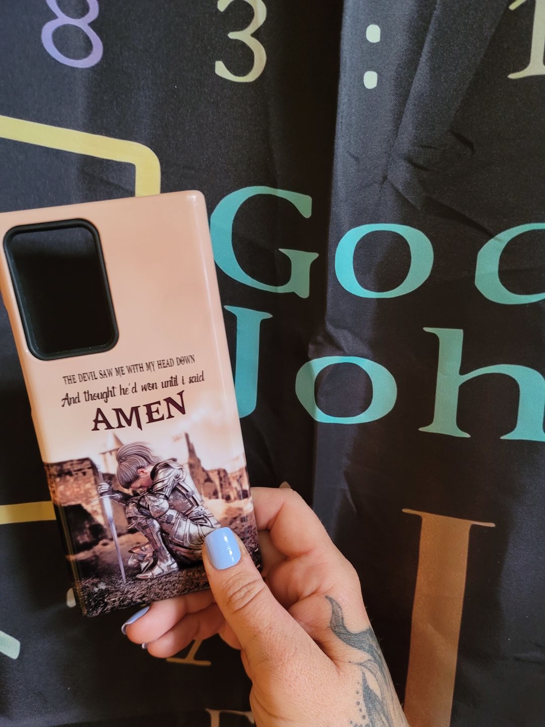 Customer photo review of The Devil Saw Me With My Head Down, Woman Warrior of Christ, Phone Case