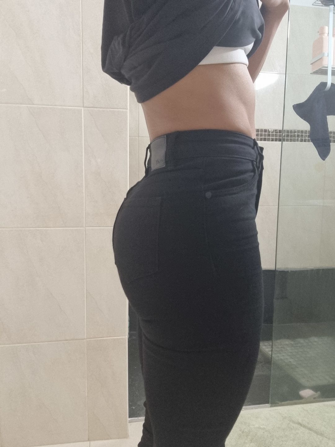 Customer photo review of Impact High Waisted Skinny Jeans - Black Knee Rips
