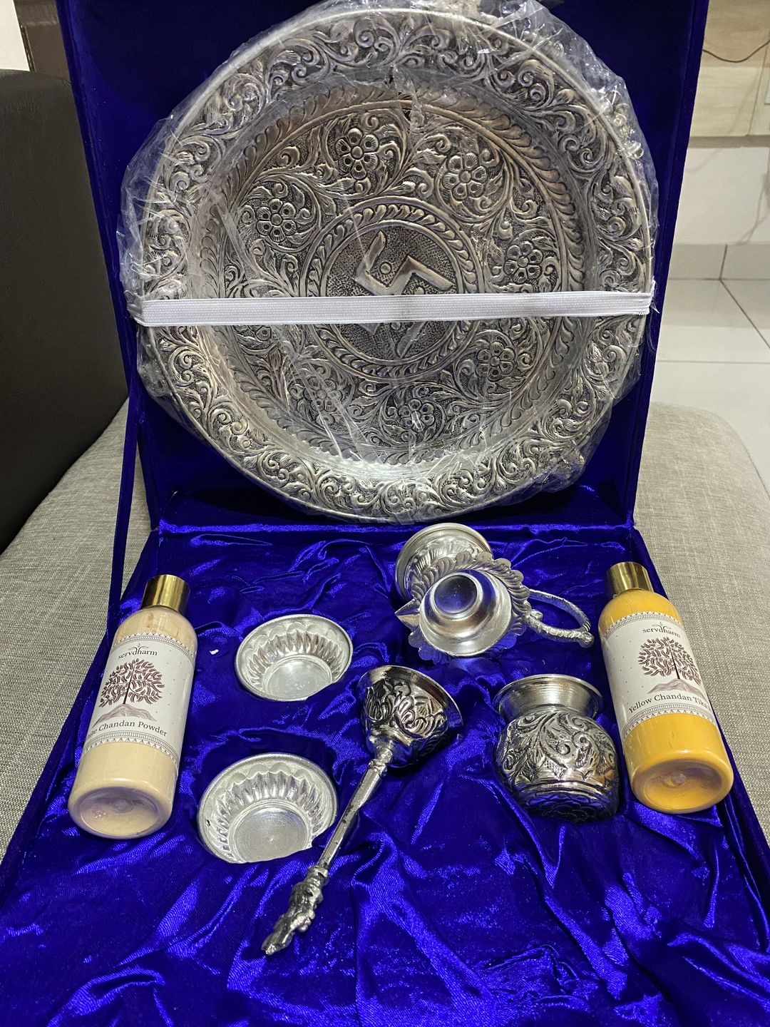 Customer photo review of Intricately Designed Silver Pooja Thali Set with Elephant Trunk Shaped Stand