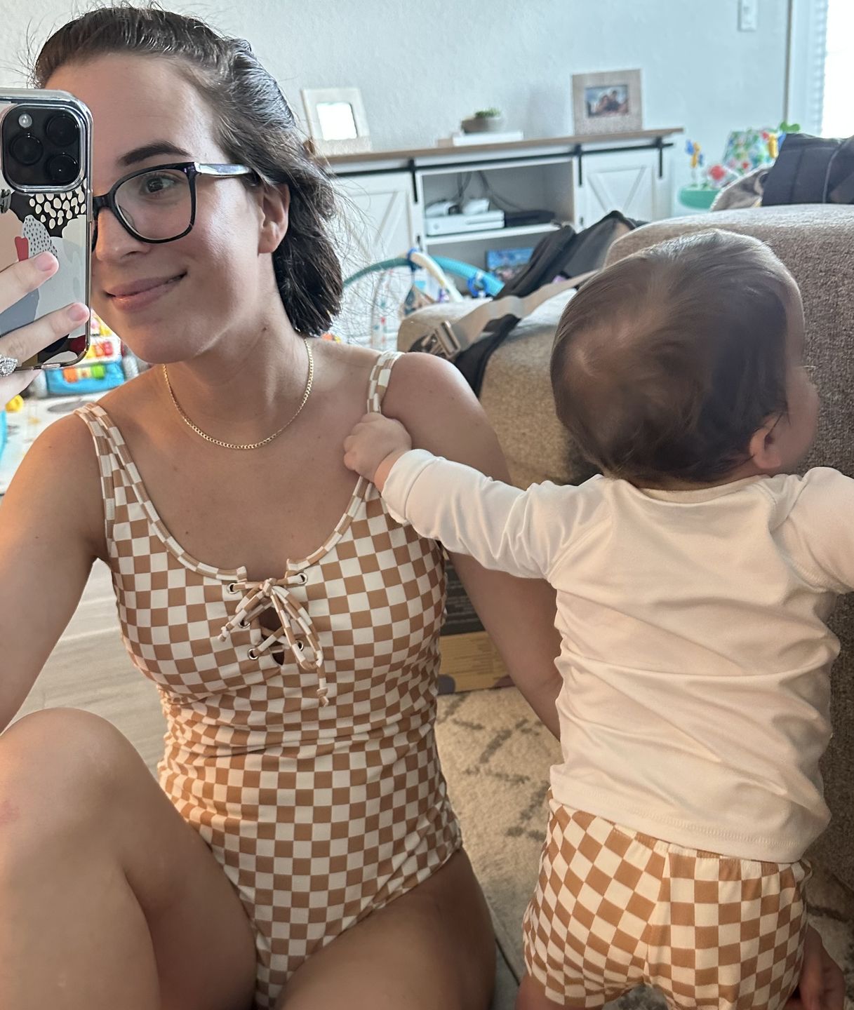 Customer photo review of Women's Tie One Piece | Tan Checkered