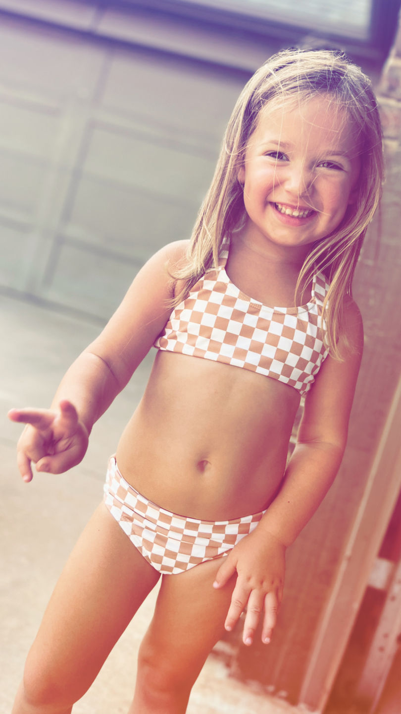 Customer photo review of Girl's Basic Bikini | Tan Checkered