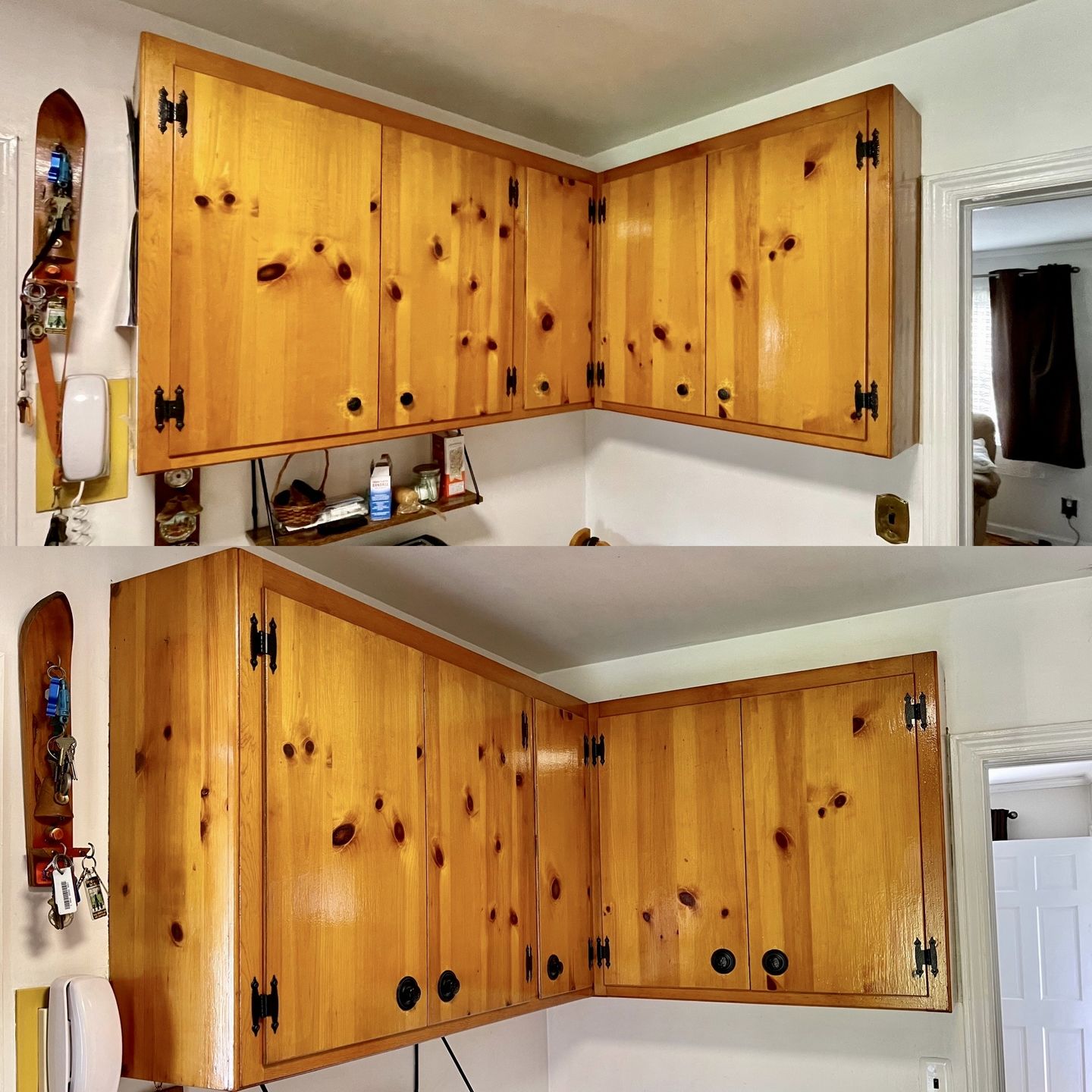 Kitchen cabinets before and after being cleaned and restained