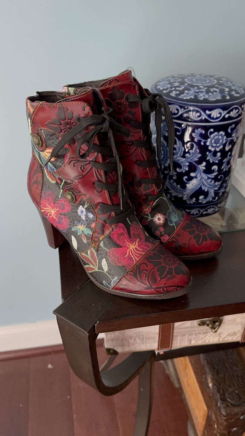 Customer photo review of Leather Hand Embossed Adjustable High Heel Boots
