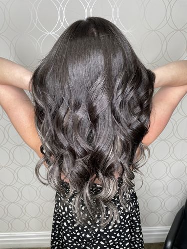 Customer photo review of Full Shine Tape in Hair Extensions Remy Human Hair Balayage Highlights (#1B/Silver/1B)