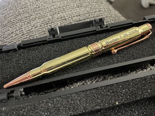 Customer photo review of .308 Real Bullet Casing Refillable Twist Pen - Tactical Gift Box - Polished Brass