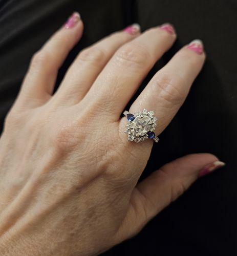 Customer photo review of Halo Oval Moissanite Pear Sapphire Sidestone Pave Engagement Ring