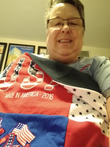 T-shirt quilt with patrick's day, us history themes by Denise from KS