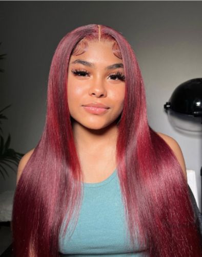 Customer photo review of Brazilian Straight Human Hair Burgundy 13x4 Transparent Lace Frontal Wig Pre Plucked Remy Hair