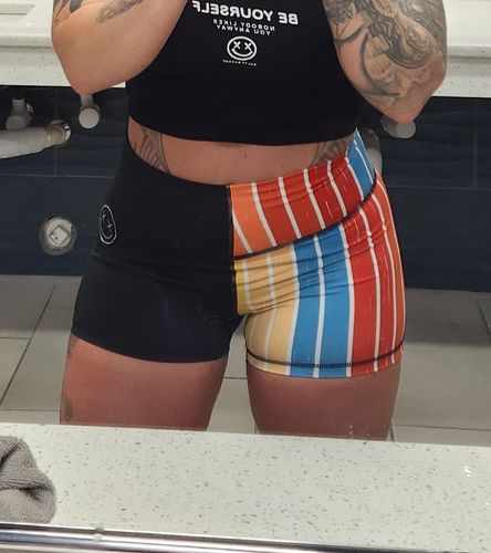 Customer photo review of Salty Savage Ladies “OG Smile” High Waist Vintage Striped Spliced Training Shorts | Wet Suit Performance | Black/Multi-Colored Stripes