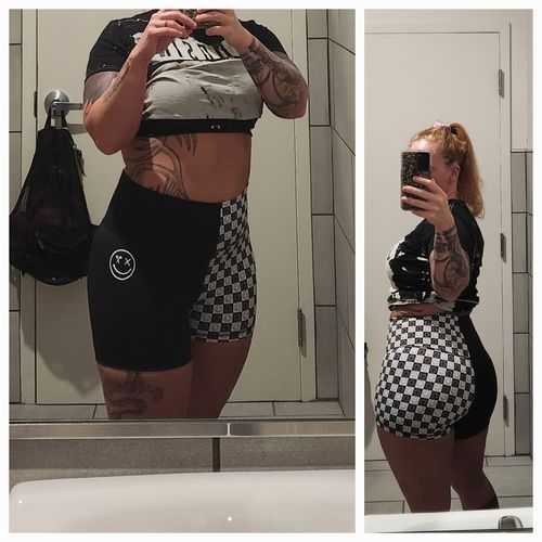 Customer photo review of Salty Savage Ladies High Rise Two Tone Training Shorts | Wet Suit Performance | Black/Checkerboard