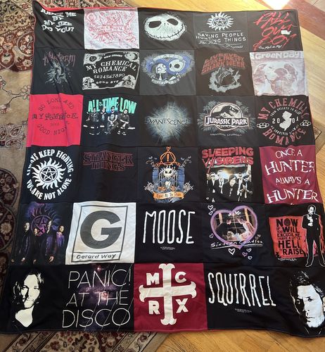 T-shirt quilt with music, television shows themes by Laurie from MA