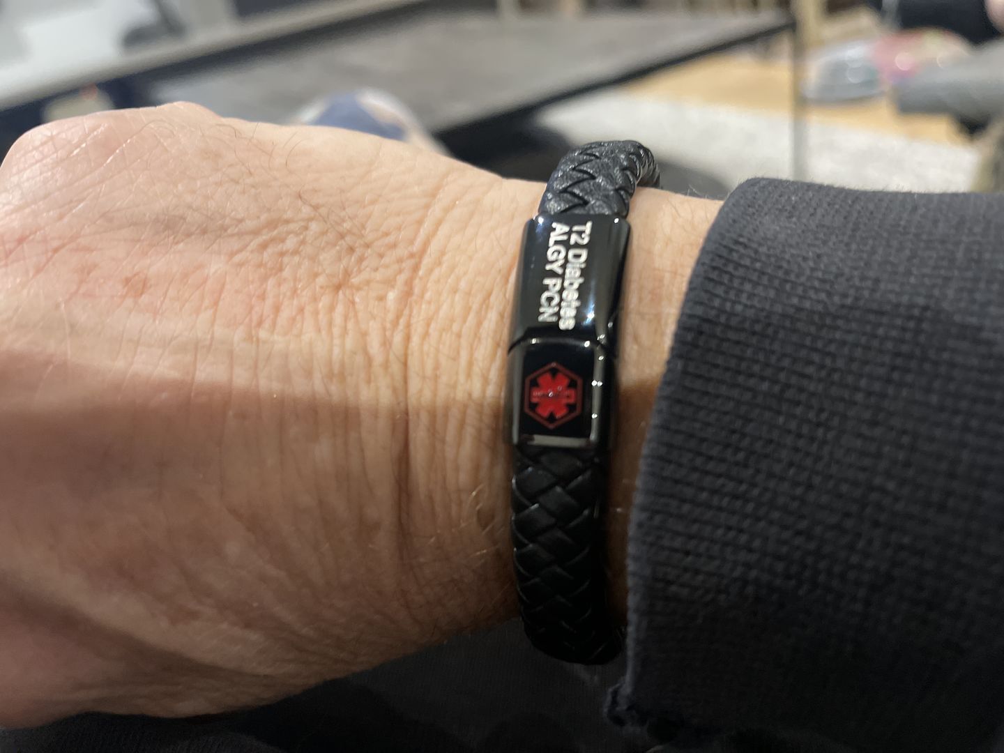 Customer photo review of Black Braided Leather Medical Alert Bracelet