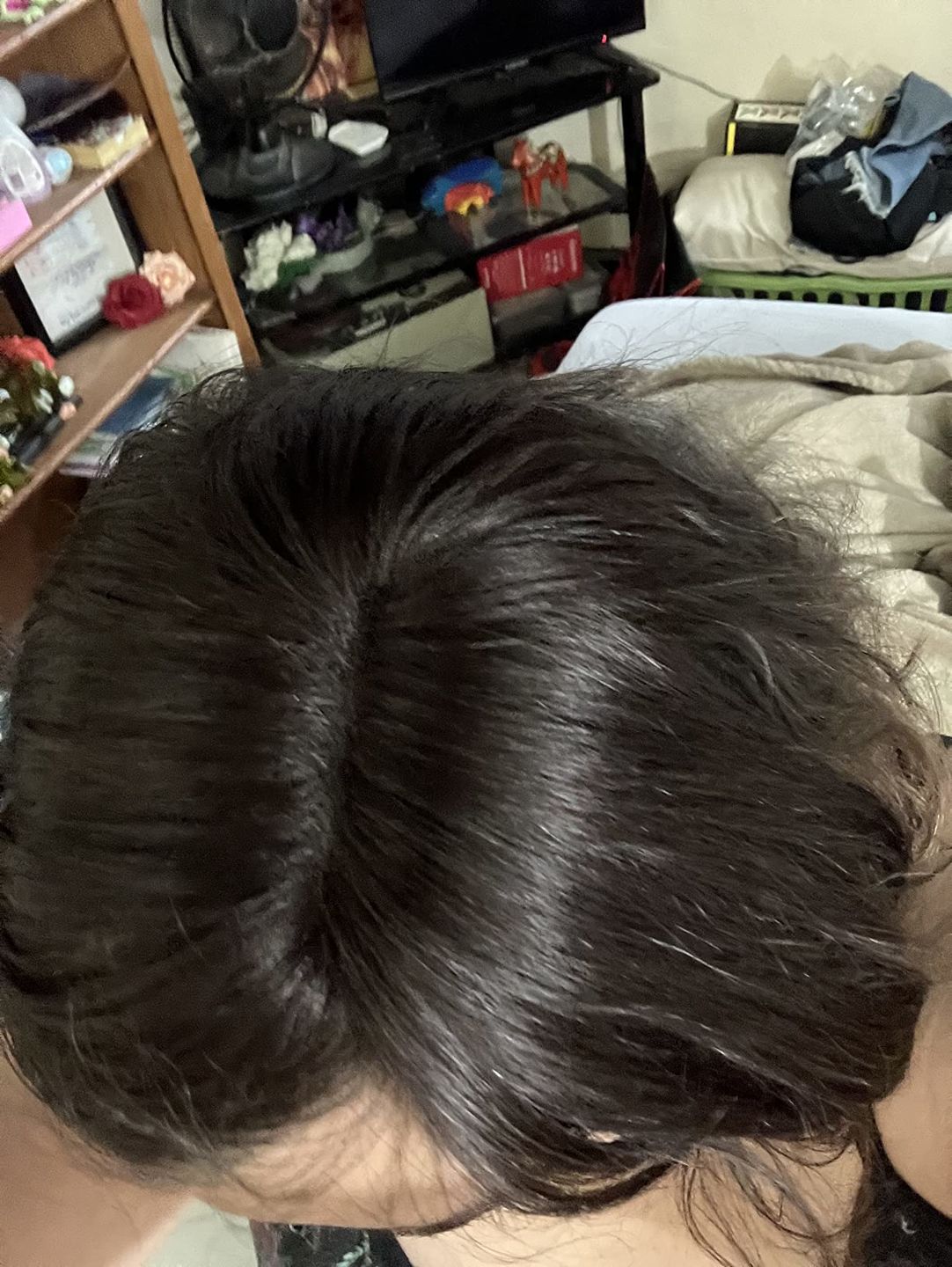 Customer photo review of Virgin Human Hair Mono Hair Topper for Full Volume Darkest Brown #2