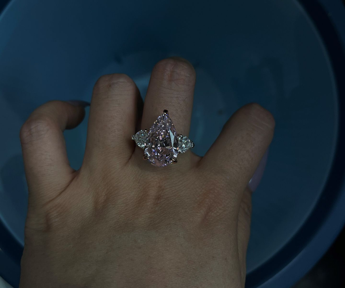Customer photo review of S925 Stunning Pear Cut Yellow/Pink Sapphire Three Stone Engagement Ring